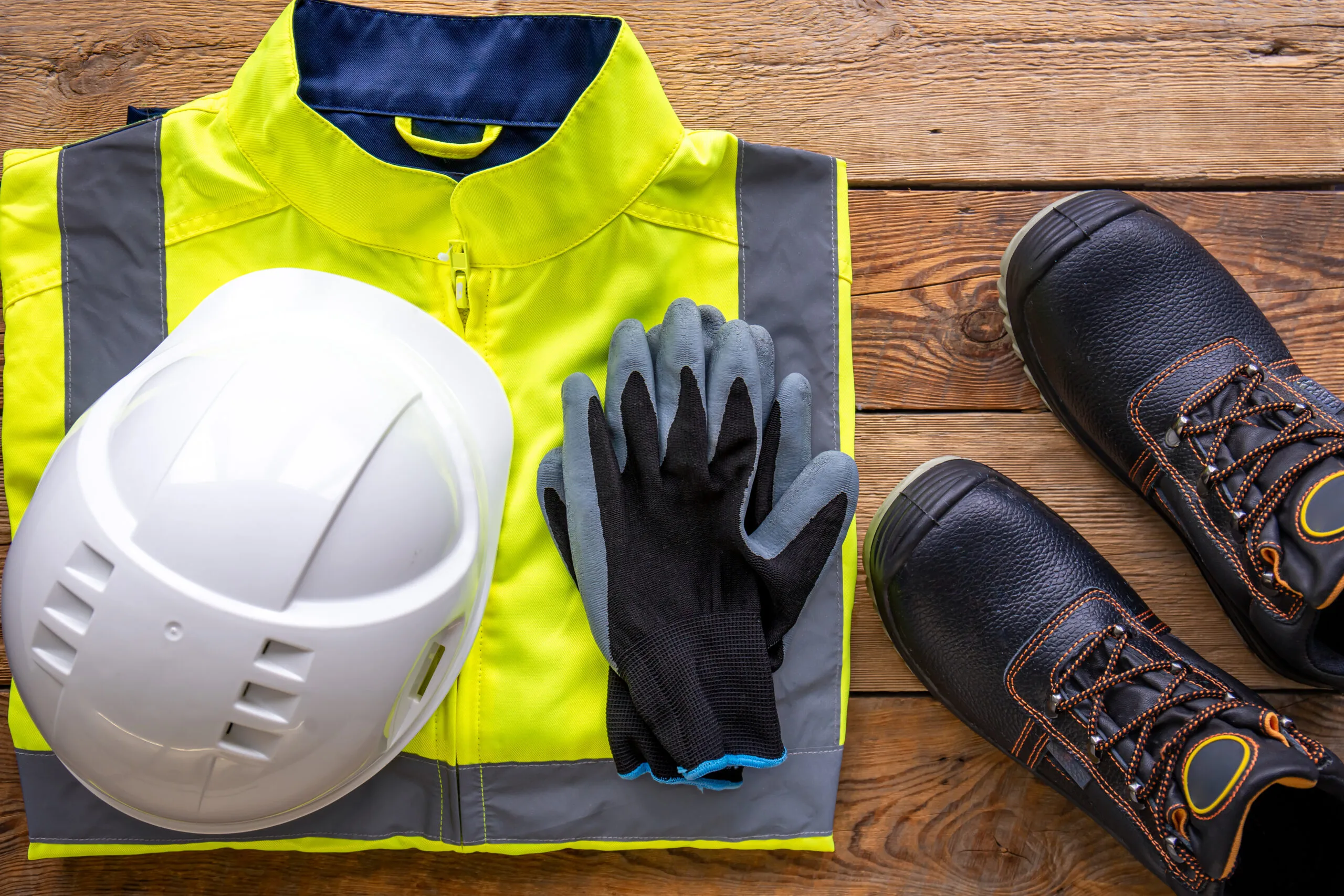 Builder uniform on wooden background, flat lay.